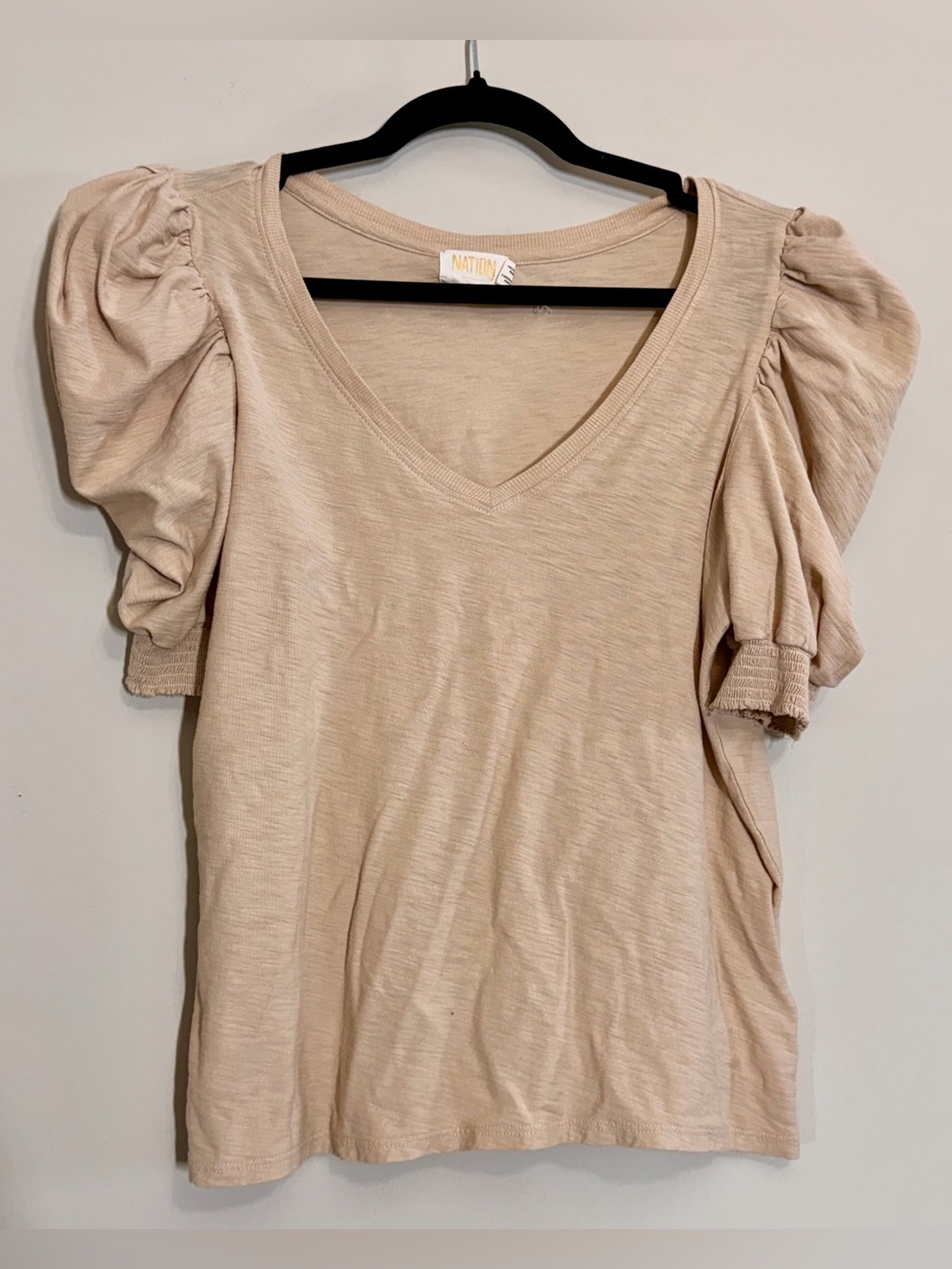 Nation LTD Beige Pima Cotton Puff Sleeve V-Neck Top Size Large